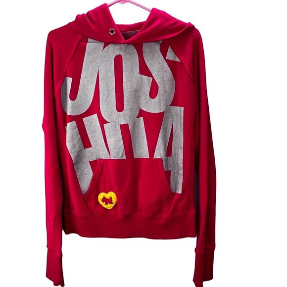 Joshua Perets Hoodie Pullover Sweatshirt size L Pink Spellout Y2K Women - Picture 1 of 7